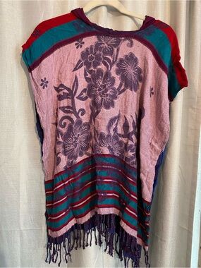 Boho Floral Fringe Poncho in Pink, Teal & Red with hoody